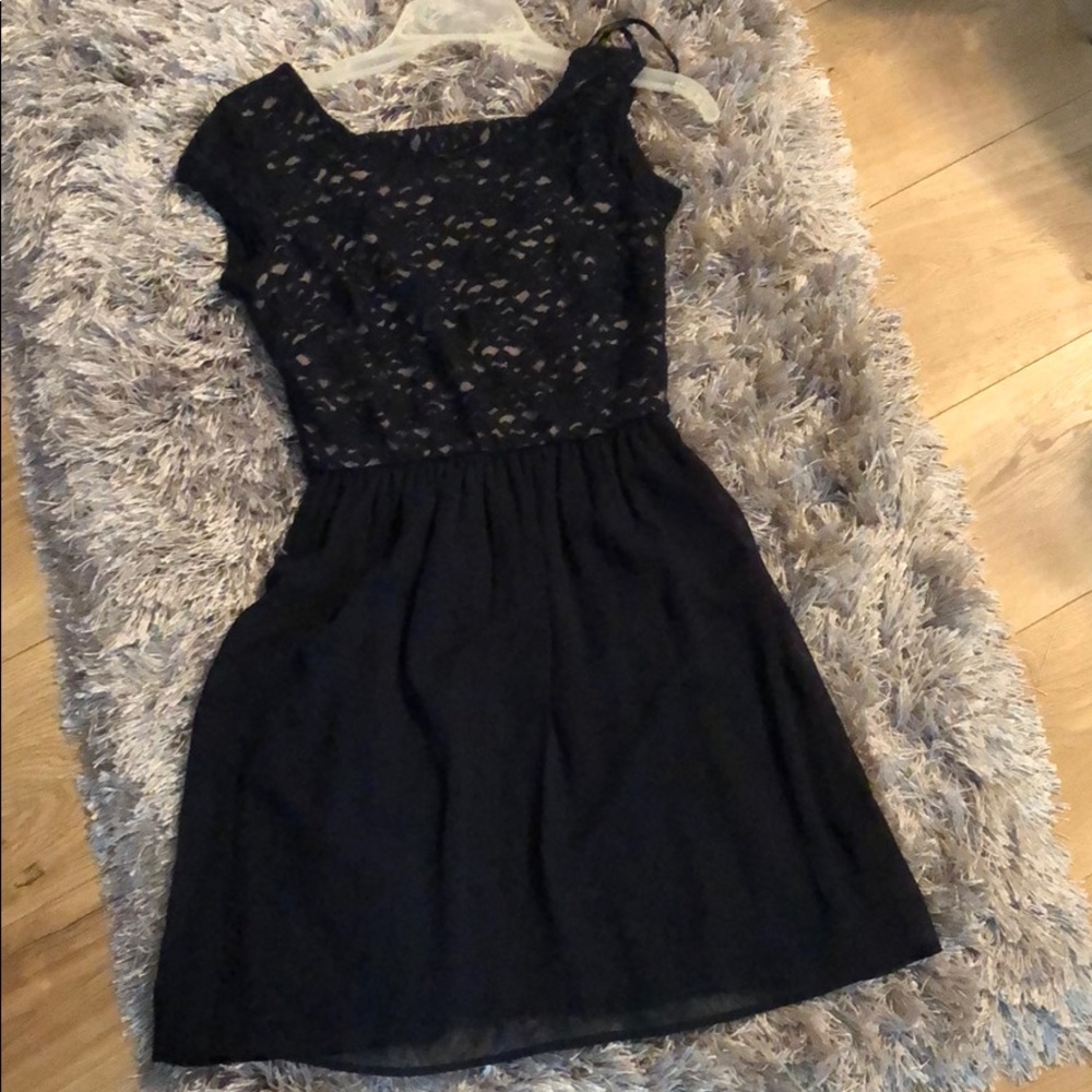 Super dark blue above knee dress with floral top